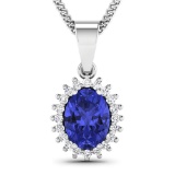 14KT White Gold 1.15CT Oval Cut Tanzanite and White Diamond Pendant w/ 18 Chain (Vault_Q) (QP12194WD