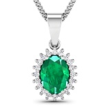 14KT White Gold 1.10CT Oval Cut Zambian Emerald and White Diamond Pendant w/ 18 Chain (Vault_Q) (QP1