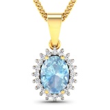 14KT Yellow Gold 1.05CT Oval Cut Aquamarine and White Diamond Pendant w/ 18 Chain (Vault_Q) (QP12194