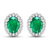14KT White Gold 1.12CT Oval Cut Zambian Emerald and White Diamond Earrings (Vault_Q) (QE11321WD-14KW