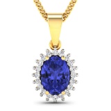 14KT Yellow Gold 1.15CT Oval Cut Tanzanite and White Diamond Pendant w/ 18 Chain (Vault_Q) (QP12194W