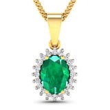 14KT Yellow Gold 1.10CT Oval Cut Zambian Emerald and White Diamond Pendant w/ 18 Chain (Vault_Q) (QP
