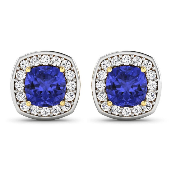 14KT Yellow Gold 1.64CT Cushion Cut Tanzanite and White Diamond Earrings (Vault_Q) (QE11322WD-14KY-S