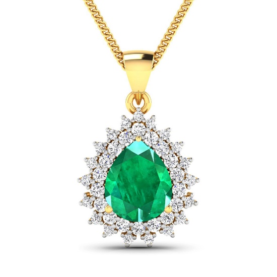 14KT Yellow Gold 2.85CT Pear Cut Zambian Emerald and White Diamond Pendant w/ 18 Chain (Vault_Q) (QP