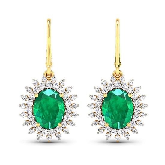 14KT Yellow Gold 3.06CT Oval Cut Zambian Emerald and White Diamond Earrings (Vault_Q) (QE11323WD-14K