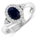 14K White Gold #7 Size Ring 0.75 Carat Blue Sapphire Oval - 1Pc + White Diamond F/C Round  0.27ct