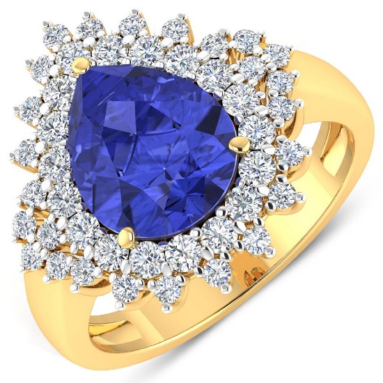 14K Yellow Gold #7 Size Ring 2.97 Carat Tanzanite Pears - 1Pc + White Diamond F/C Round  0.89ct