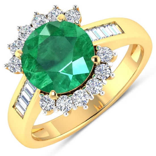 14K Yellow Gold #7 Size Ring 2.75 Carat Zambian Emerald Round - 1Pc + White Diamond Baguette  0.58ct