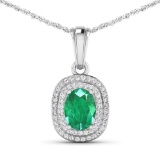 14K White Gold No Chain Pendant 1 Carat Zambian Emerald Oval - 1Pc + White Diamond F/C Round  0.26ct