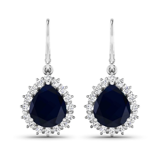 14K White Gold Earrings 3.8 Carat Blue Sapphire (AA) Pears - 2Pcs + White Diamond F/C Round  0.45ct
