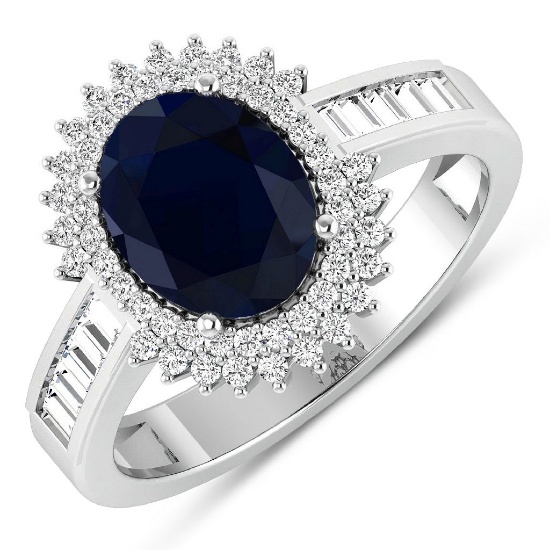 14K White Gold #7 Size Ring 2.1 Carat Blue Sapphire (AA) Oval - 1Pc + White Diamond Baguette  0.52ct