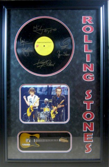 Rolling Stones Vinyl Record with Mini Guitar Museum Framed Collage - Plate Signed (Vault_BA)