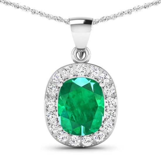 14K White Gold 18" Chain Pendant 2.5 Carat Zambian Emerald - 1Pc + White Diamond F/C Round 0.51ct