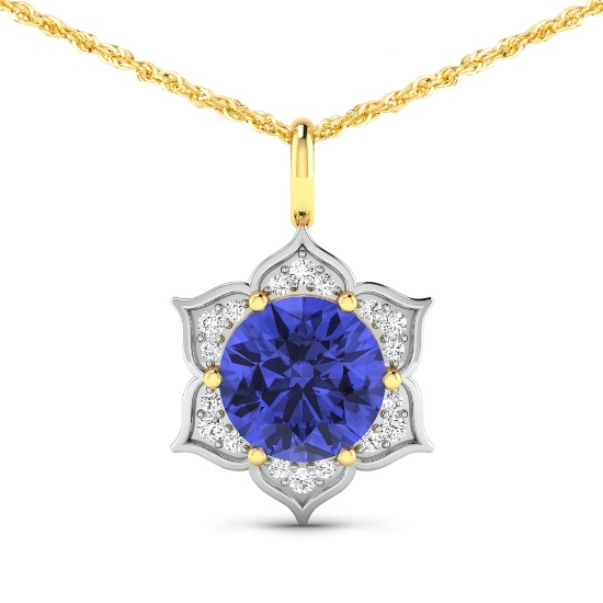 14K Yellow Gold 18" Chain Pendant 2.02 Carat Tanzanite Round - 1Pc + White Diamond F/C Round 0.14ct