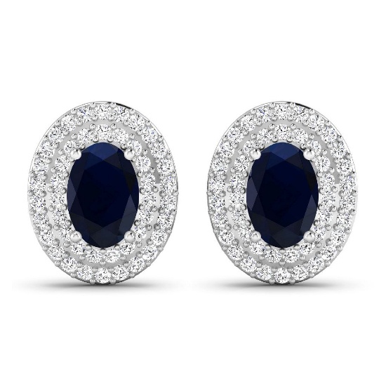 14K White Gold Earrings 1.16 Carat Blue Sapphire 6x4mm - 2Pcs + White Diamond F/C Round 0.32ct