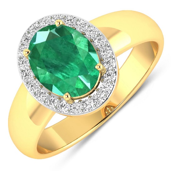 14K Yellow Gold #7 Size Ring 1.53 Carat Zambian Emerald Oval - 1Pc + White Diamond F/C Round 0.22ct
