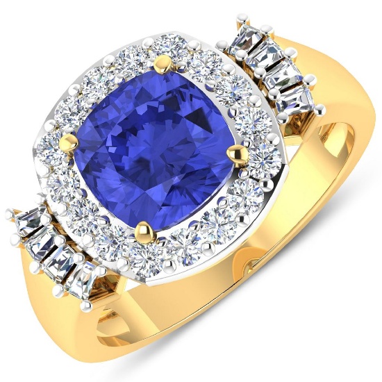 14K Yellow Gold #7 Size Ring 1.99 Carat Tanzanite - 1Pc + White Diamond Tapper Baguette 0.73ct