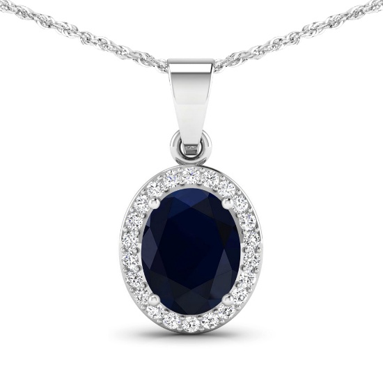14K White Gold  Chain Pendant 2.1 Carat Blue Sapphire Oval - 1Pc + White Diamond F/C Round  0.22ct