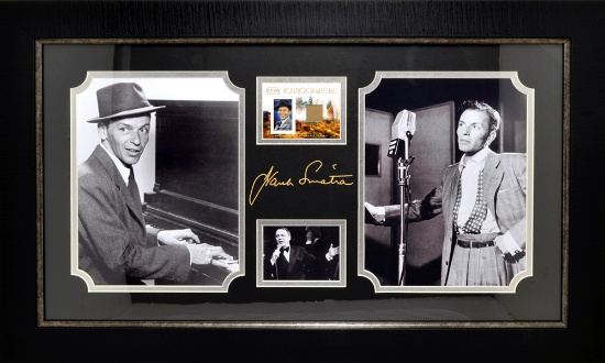 Frank Sinatra with Authentic Swatch of Clothing Museum Framed Collage - Plate Signed