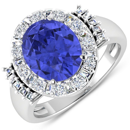 14K White Gold #7 Size Ring 3.43 Carat Tanzanite Oval - 1Pc + White Diamond Tapper Baguette 0.83ct