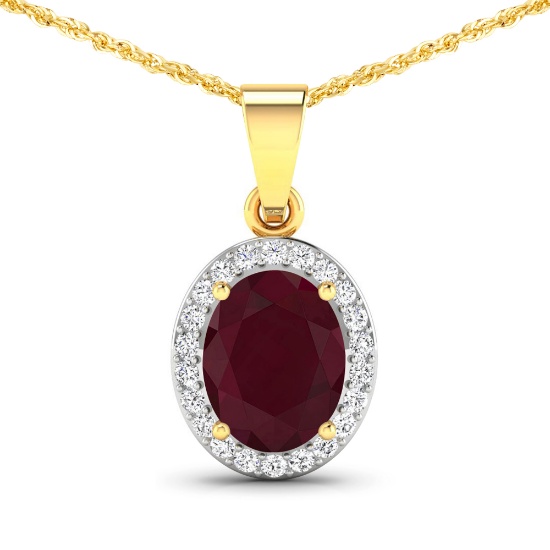 14K Yellow Gold  Chain Pendant 2.3 Carat Ruby (AA) Oval - 1Pc + White Diamond F/C Round  0.22ct