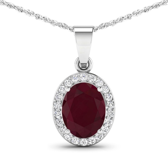 14K White Gold  Chain Pendant 2.3 Carat Ruby (AA) Oval - 1Pc + White Diamond F/C Round  0.22ct