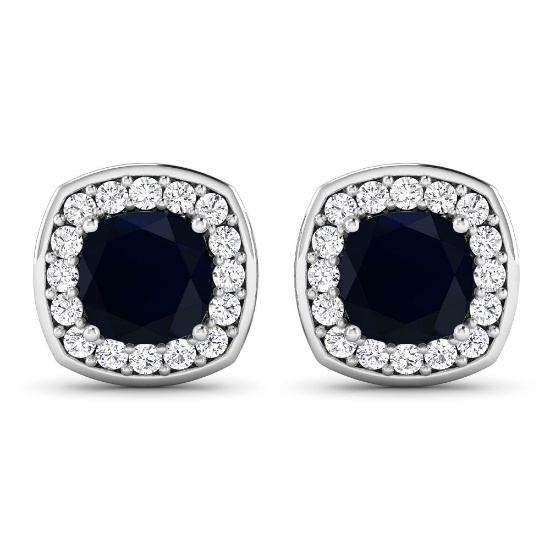 14K Yellow Gold Earrings 4.2 Carat Blue Sapphire (AA) Oval - 2Pcs + White Diamond F/C Round  0.84ct