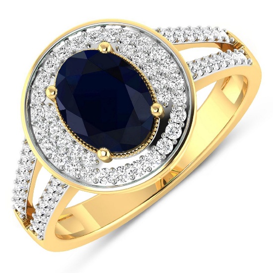 14K Yellow Gold #7 Size Ring 1.3 Carat Blue Sapphire Oval - 1Pc + White Diamond F/C Round 0.34ct