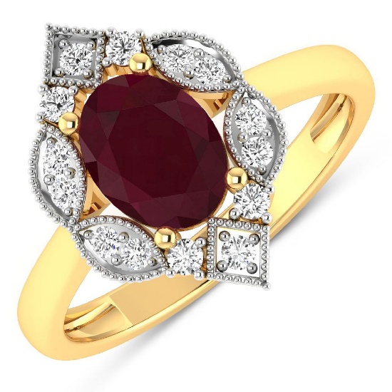 14K Yellow Gold #7 Size Ring 1.5 Carat Ruby (AA) Oval - 1Pc + White Diamond F/C Round  0.2ct