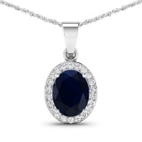 14K White Gold  Chain Pendant 2.1 Carat Blue Sapphire Oval - 1Pc + White Diamond F/C Round  0.22ct