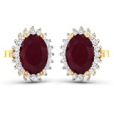 14K Yellow Gold Earrings 3 Carat Ruby (AA) Oval - 2Pcs + White Diamond F/C Round  0.26ct