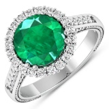 14K White Gold #7 Size Ring 2.75 Carat Zambian Emerald Round - 1Pc + White Diamond F/C Round 0.54ct