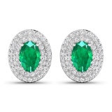 14K White Gold Earrings 0.76 Carat Zambian Emerald 6x4mm - 2Pcs + White Diamond F/C Round 0.32ct