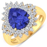 14K Yellow Gold #7 Size Ring 2.97 Carat Tanzanite Pears - 1Pc + White Diamond F/C Round  0.89ct