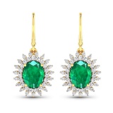 14K Yellow Gold Earrings 3.06 Carat Zambian Emerald Oval - 2Pcs + White Diamond F/C Round 0.84ct
