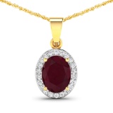 14K Yellow Gold  Chain Pendant 2.3 Carat Ruby (AA) Oval - 1Pc + White Diamond F/C Round  0.22ct