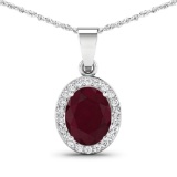 14K White Gold  Chain Pendant 2.3 Carat Ruby (AA) Oval - 1Pc + White Diamond F/C Round  0.22ct