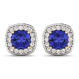 14K Yellow Gold Earrings 1.64 Carat Tanzanite (AA+) Cushion - 2Pcs + White Diamond F/C Round  0.45ct