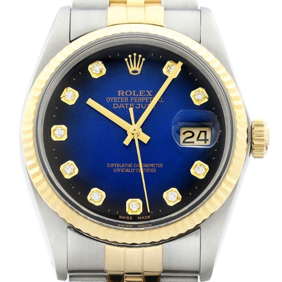 Rolex Mens Datejust 16013 18K Gold SS Blue Vignette Diamond Watch w_ Rolex Band (Vault_CC)