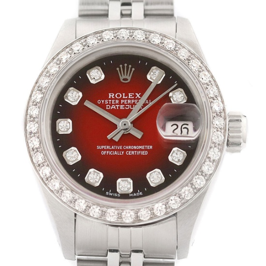 Rolex Ladies Datejust 18K Gold & Steel Red Vignette Diamond Watch w_ Rolex Band (Vault_CC)