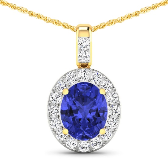 14K Yellow Gold 18" Chain Pendant 2.5 Carat Tanzanite (AA+) Oval - 1Pc + White Diamond F/C Round  0.