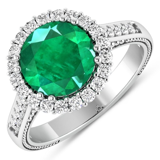 14K White Gold #7 Size Ring 2.75 Carat Zambian Emerald (AA) Round - 1Pc + White Diamond F/C Round  0