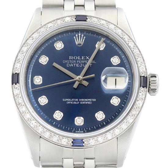 Rolex Mens Datejust Blue Dial Diamond Sapphire Bezel 18K White Gold Steel Watch (Vault_CC)