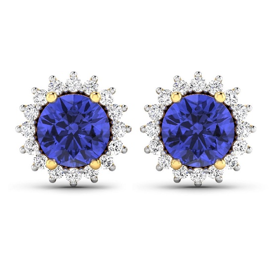 14K Yellow Gold Earrings 1.44 Carat Tanzanite (AA+) Round - 2Pcs + White Diamond F/C Round  0.32ct (