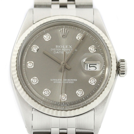 Rolex Mens Datejust 18K White Gold & Stainless Steel Gray Diamond Dial Watch (Vault_CC)