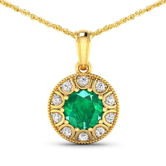 14K Yellow Gold 18" Chain Pendant 1.8 Carat Zambian Emerald (AA) Round - 1Pc + White Diamond F/C Rou