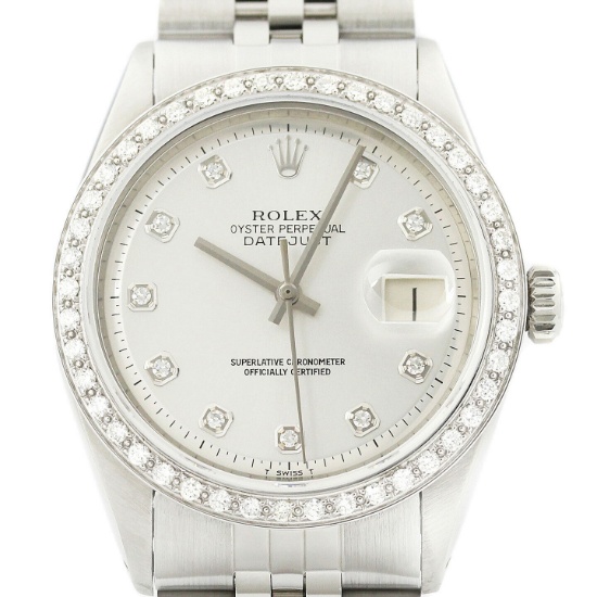 Rolex Mens Datejust 18K White Gold Stainless Steel Silver Diamond Watch (Vault_CC)
