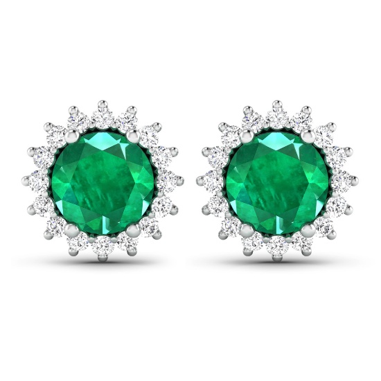 14K White Gold Earrings 1.36 Carat Zambian Emerald (AA) Round - 2Pcs + White Diamond F/C Round  0.32
