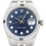 Rolex Mens Datejust Blue Dial Diamond Sapphire Bezel 18K White Gold Steel Watch (Vault_CC)