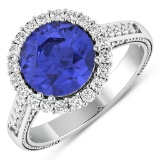 14K White Gold #7 Size Ring 2.57 Carat Tanzanite (AA+) Round - 1Pc + White Diamond F/C Round  0.54ct